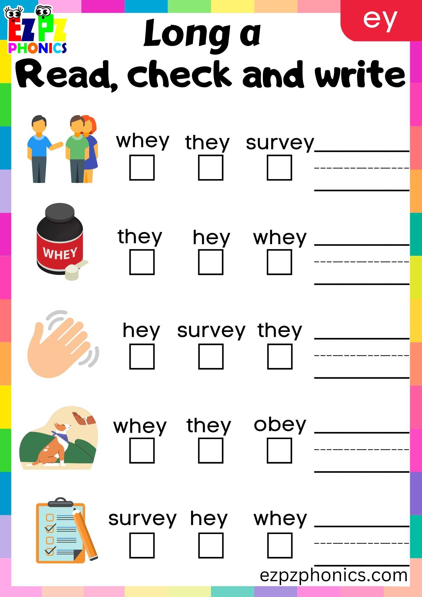 EY Words Read, Check And Write Long A Phonics Worksheet